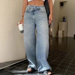 Irregular Design High Street Regular Jeans Women’s Vintage Washed Loose Straight High Waist Wide Leg Pants