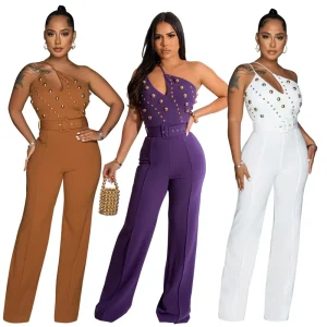 Irregular One Shoulder Jumpsuits Waistband Slim Fit Romper One Piece Wide Leg Jumpsuits for Women