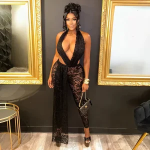 J25JP483 New Women’s Spring summer Sexy Backless Sheer Lace High waisted Lace Jumpsuit Summer Party Outfit Deep V