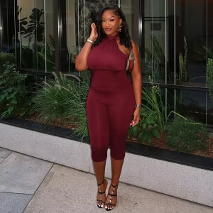 J25JP492 Fashion Women’s Solid Color Wrap Jumpsuit Open Back Smocked Waist Cropped Pants Playsuit Women