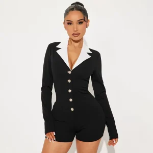 J25RP228 Women’s Fall Spring Rose Pattern Jumpsuit Lapel Metal Buttons Long Sleeve Bodycon Romper with Shorts Playsuit