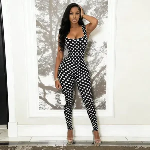 J26JP025 Women’s Spring summer New Square neck Backless Polka Dot Sleeveless Jumpsuit One Piece Stretchy Romper Jumpsuit Women