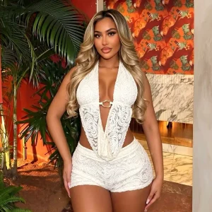 J26ST162 Women’s Summer Fashion Women’s Sheer Mesh Crop Top and Mini Shorts Set Draped Front Two Piece Outfit