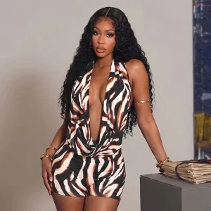J26ST168 Women’s Autumn Summer Halter Deep V Neck Backless Strappy Printed Top Shorts Two Piece Outfit Set Women Street Wear