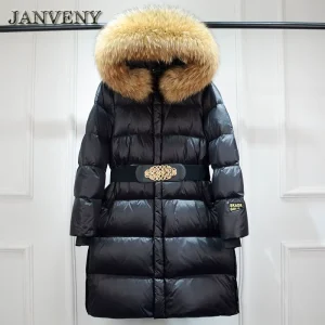 JANVENY Luxury Natural Fur Winter Down Jacket Women Thickened Warm Waterproof Belted Puffer Coat Female Hooded Long Parka