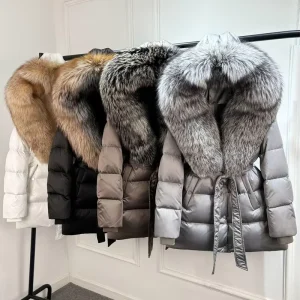 JANVENY Luxury Winter Large Natural Fox Fur Hooded 90% Goose Down Jacket Women Thickened Warm Coat Waterproof Belted Parkas