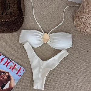 JSN New Custom Halter Bandeau Two Piece Set Bikini Solid Strap Low Waist Sexy Split Tube Top Swimsuit Women’s Thongs Bikini