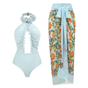 JSN customize High Quality Halter Swimwear 3D Flower Swimming Suit Women’s Hollow Solid One Piece Swimsuit with Print Cover Up