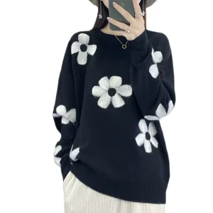 Jacquard 100% Cashmere Women’s Sweater Knitted Pullover Loose Profile Soft Waxy Delicate Top