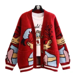 Jacquard Cartoon Animal Design Winter Women’s Loose Fit Standard Thickness Knit Sweater Cardigan with Front Logo