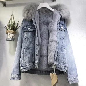 Japan Korea Autumn Winter Fur Jean Jacket for Women Denim Coat Fur Lining Vintage Casual Jacket
