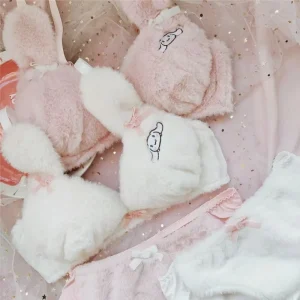 Japanese Girls Winter Soft Lingerie Cute Women’s Cartoon Puppy Furry Plush Sexy Wireless Thin Furry Bra Cartoon Lingerie Set