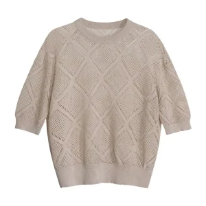 Japanese High End Summer Women’s Short Sleeved Slimming Knit Tops Diamond Shaped Hollow Knitted Breathable Fashionable Short