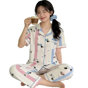 Japanese style Summer Women’s Pajamas Cartoon print Short sleeve Top And Long Pants Loungewear Set