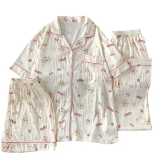 Japanese style Women’s Pajamas Spring summer Crinkle Fabric Short sleeve 3 piece Loose fit Loungewear Set