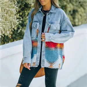 Jeans Casual Jackets Autumn Winter Aztec Lapel Pocket Denim Coat Patchwork Long Sleeve Wool Women’s Retro Jacket