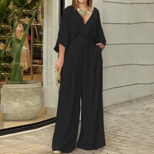 Jumpsuits Half Sleeve Wrap Front Ruched Waist Wide Leg Elegant Formal Casual Jumpsuits Fast Delivery Boutique Outfit