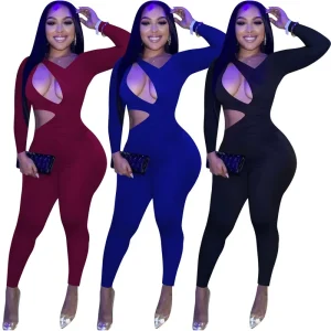Jumpsuits for Women Sexy Solid Color Loincloth Irregular Cutout Waist One Piece Jumpsuit Long Sleeve Women’s Dress