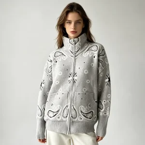 Jxwatcher Soft Turtleneck Custom Autumn Loose Fit Jacquard Knit Coat Women Spring Zipper Long Sleeved Cardigan Sweater
