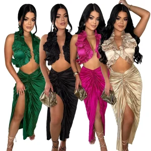 K10734 European American-Style Women’s Fashion Sleeveless Slit Skirt Set Sexy Club Style Floor-Length Day Polyester Spandex Long