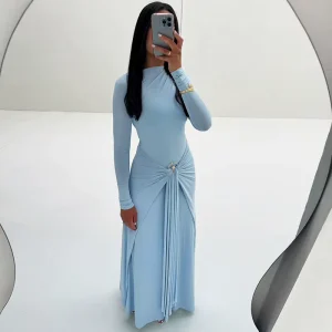K25D74696 Women’s Spring Elegant Maxi Dress Long Sleeve with Ring Buckle Tie Solid Color Evening Office Formal Dress