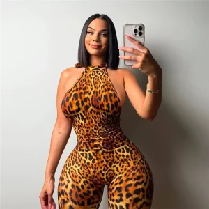 K25Q66399 Skinny Party Club Jumpsuit Sleeveless Backless Leopard Printed Shorts Casual Knee Length Jumpsuit