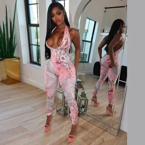 K25Q76302 Women’s Sexy Hipster Gym Jumpsuit High Waist Bodycon Romper Leopard Printed Skinny Knitted Night Club Jumpsuit