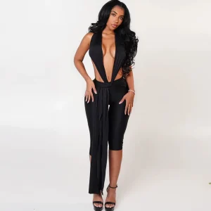 K25Q81851 Spring summer Fashion Solid Sexy Hot Girl Sleeveless Halter Backless Jumpsuit Women’s One Piece Casual Playsuit