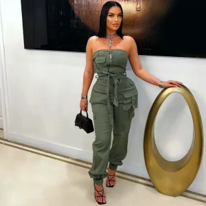 K3629 Summer Women Clothing Casual Solid Color Multi pocket Tube Top Jumpsuit Streetwear Casual Elastic Waist Cargo Romper