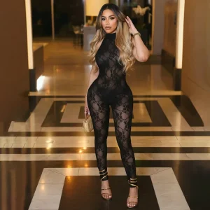 K6Q02836A Summer New Women’s Halter Sexy Lace Tight Fitting Backless Jumpsuit See Through Bodycon Romper Clubwear One Piece