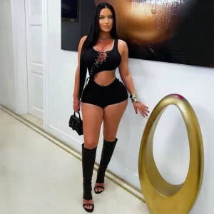 K6Q07241A Summer New Women’s Fashion Jumpsuits Sleeveless Hollow Out Sexy Irregular One Piece Rompers Women Jumpsuit