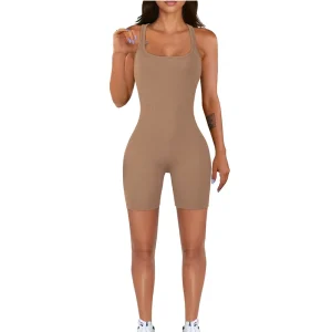KE0102SX Sexy Sport Solid Color Ribbed I-back Bodycon Summer Women Short Jumpsuit Sehe Fashion
