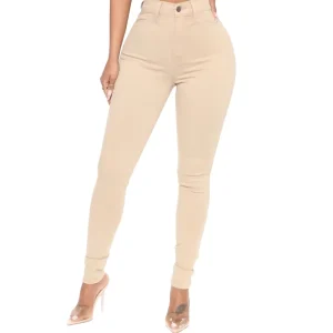 Khaki Color Stretchy Jean Pant For Woman Custom High elasticity High Waist Jeans Skinny Denim OEM