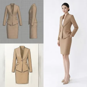 Khaki Office Lady Suit Set Women Regular Fit Breathable V-neck Anti-Wrinkle Short Skirt Professional Attire Color Blocking