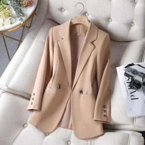 Khaki Solid Woven Casual Suit Jacket Women’s Spring and Autumn Petite Korean Style Elegant Slim fit