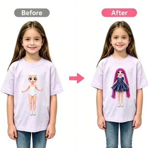 Kids Girl T Shirt Oversized Cotton T Shirt With A Large Printed Cartoon Doll Character On The Front