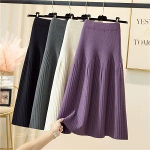 Knit Midi Length Pleated Long Skirts for Women A Line Thick Slim High Quality Skirts