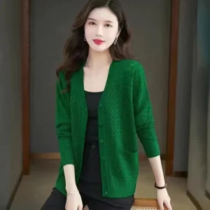 Knit Sweater Cardigan Women’s Thin Loose Plus Size Casual Chinese Style Long Sleeve with Pockets Hollow out Jacket