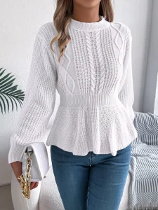 Knit Sweater Korean Women’s Crew Neck Puff Long Sleeve Fitted Waist Ruffle Hem Slim Fit Knit Top Autumn for Daily Wear