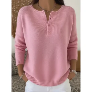 Knitted Button V Neck Women’s Sweater Autumn and Winter Solid Color Christmas Cross Border European and American Leisure