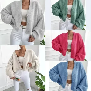 Knitted Cardigan Women’s Coat for Autumn and Winter Casual V Neck Frilly Sleeves Short Style Woolen Fabric