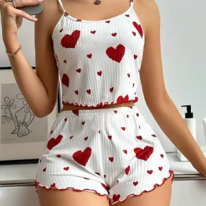Knitted Striped love Print Design Sweet Suspender Shorts Quick Dry Soft Pajamas Women Set Clothes