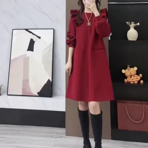 Knitted Sweater Dress Red A-Line Vintage Leisure Women’s Autumn New Style Western Style Base Dress