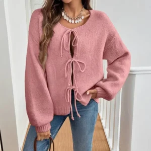 Knitted Sweater Long Sleeve Round Neck Women’s Lantern Sleeve Solid Color Knitted Cardigan Sweater