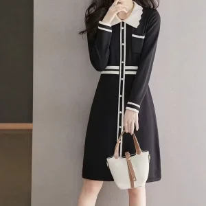 Knitted Sweater Women’s Autumn Winter Solid Long Sleeve Mid-Skirt Elegant Temperament Tight Waist Slimming Dress