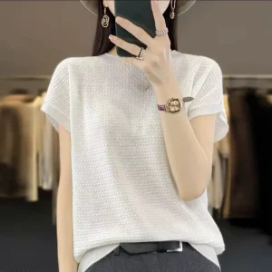 Knitted Sweater Women’s Summer Temperament Short Sleeved T-Shirt Slim Fit Versatile Hollow Top Striped Casual Anti-Pilling