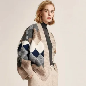 Knitted Women’s Long Cardigan Fur Knitwear Jacquard