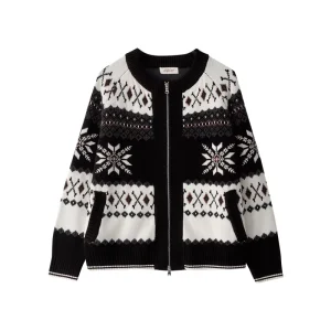 Knitted Zipper Cardigan Women’s Knitted Sweater Fair Isle 100% Cotton Sweater Jacket Thick Winter Style