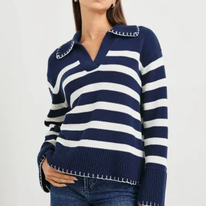 Knitwear Custom High Quality Lapel Striped Long Sleeve Pullover V Neck Knitwear Casual Women’s Knitted Sweater