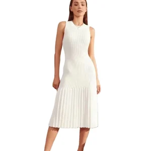 Knitwear Custom Spring Summer White Crew Neck Sleeveless Pleated A Line Natural Waist Midi Women’s Knit Sweater Dress